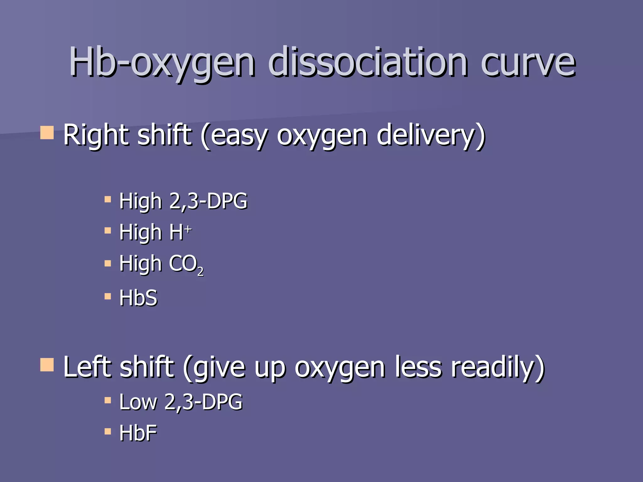 Right shift (easy oxygen delivery) High 2,3-DPG High H + High CO 2 HbS Left shift (give up oxygen less readily) Low 2,3-DPG HbF Hb-oxygen dissociation curve 