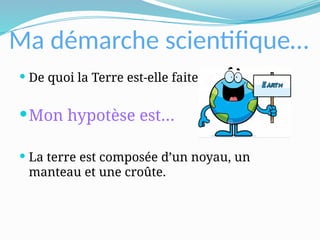 Ma démarche scientifique…
 De quoi la Terre est-elle faite?
Mon hypotèse est…
 La terre est composée d’un noyau, un
manteau et une croûte.
 