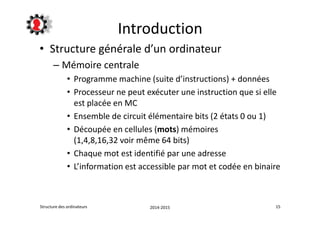 Introduction 
• Structure générale d’un ordinateur 
– Mémoire centrale 
• Programme machine (suite d’instructions) + données 
• Processeur ne peut exécuter une instruction que si elle 
est placée en MC 
• Ensemble de circuit élémentaire bits (2 états 0 ou 1) 
• Découpée en cellules (mots) mémoires 
(1,4,8,16,32 voir même 64 bits) 
• Chaque mot est identifié par une adresse 
• L’information est accessible par mot et codée en binaire 
Structure des ordinateurs 2014-2015 15 
 