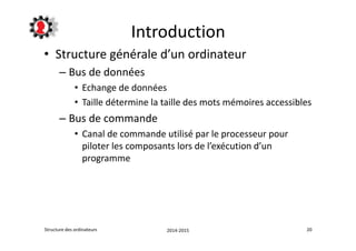 Introduction 
• Structure générale d’un ordinateur 
– Bus de données 
• Echange de données 
• Taille détermine la taille des mots mémoires accessibles 
– Bus de commande 
• Canal de commande utilisé par le processeur pour 
piloter les composants lors de l’exécution d’un 
programme 
Structure des ordinateurs 2014-2015 20 
 