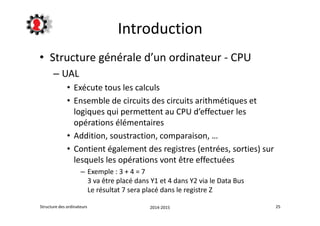 Introduction 
• Structure générale d’un ordinateur - CPU 
– UAL 
• Exécute tous les calculs 
• Ensemble de circuits des circuits arithmétiques et 
logiques qui permettent au CPU d’effectuer les 
opérations élémentaires 
• Addition, soustraction, comparaison, … 
• Contient également des registres (entrées, sorties) sur 
lesquels les opérations vont être effectuées 
– Exemple : 3 + 4 = 7 
3 va être placé dans Y1 et 4 dans Y2 via le Data Bus 
Le résultat 7 sera placé dans le registre Z 
Structure des ordinateurs 2014-2015 25 
 
