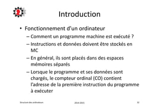 Introduction 
• Fonctionnement d’un ordinateur 
– Comment un programme machine est exécuté ? 
– Instructions et données doivent être stockés en 
MC 
– En général, ils sont placés dans des espaces 
mémoires séparés 
– Lorsque le programme et ses données sont 
chargés, le compteur ordinal (CO) contient 
l’adresse de la première instruction du programme 
à exécuter 
Structure des ordinateurs 2014-2015 32 
 