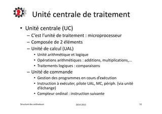 Unité centrale de traitement 
• Unité centrale (UC) 
– C’est l’unité de traitement : microprocesseur 
– Composée de 2 éléments 
– Unité de calcul (UAL) 
• Unité arithmétique et logique 
• Opérations arithmétiques : additions, multiplications,... 
• Traitements logiques : comparaisons 
– Unité de commande 
• Gestion des programmes en cours d’exécution 
• Instruction à exécuter, pilote UAL, MC, périph. (via unité 
d’échange) 
• Compteur ordinal : instruction suivante 
Structure des ordinateurs 2014-2015 51 
 