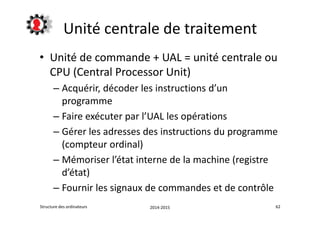 Unité centrale de traitement 
• Unité de commande + UAL = unité centrale ou 
CPU (Central Processor Unit) 
– Acquérir, décoder les instructions d’un 
programme 
– Faire exécuter par l’UAL les opérations 
– Gérer les adresses des instructions du programme 
(compteur ordinal) 
– Mémoriser l’état interne de la machine (registre 
d’état) 
– Fournir les signaux de commandes et de contrôle 
Structure des ordinateurs 2014-2015 62 
 