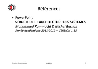 Références 
• PowerPoint 
STRUCTURE ET ARCHITECTURE DES SYSTEMES 
Mohammed Kammachi & Michel Bernair 
Année académique 2011-2012 – VERSION 1.13 
Structure des ordinateurs 2014-2015 7 
 