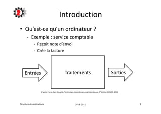 Introduction 
• Qu’est-ce qu’un ordinateur ? 
- Exemple : service comptable 
- Reçoit note d’envoi 
- Crée la facture 
Entrées Traitements 
Sorties 
D’après Pierre-Alain Goupille, Technologie des ordinateurs et des réseaux, 9° édition DUNOD, 2010 
Structure des ordinateurs 2014-2015 9 
 
