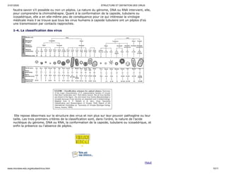 31/01/2020 STRUCTURE ET DEFINITION DES VIRUS
www.microbes-edu.org/etudiant/virus.html 10/11
faudra savoir s'il possède ou non un péplos. La nature du génome, DNA ou RNA intervient, elle,
pour comprendre la chimiothérapie. Quant à la conformation de la capside, tubulaire ou
icosaédrique, elle a en elle-même peu de conséquence pour ce qui intéresse la virologie
médicale mais il se trouve que tous les virus humains à capside tubulaire ont un péplos d'où
une transmission par contacts rapprochés.
1-4. La classification des virus
Elle repose désormais sur la structure des virus et non plus sur leur pouvoir pathogène ou leur
taille. Les trois premiers critères de la classification sont, dans l'ordre, la nature de l'acide
nucléique du génome, DNA ou RNA, la conformation de la capside, tubulaire ou icosaédrique, et
enfin la présence ou l'absence de péplos.
Haut
 