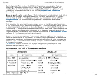 31/01/2020 STRUCTURE ET DEFINITION DES VIRUS
www.microbes-edu.org/etudiant/virus.html 7/11
D'un mot grec signifiant manteau, c'est l'élément le plus externe de certains virus. La
présence ou l'absence d'enveloppe règle en grande partie le mode de transmission des
maladies. Tous les virus humains et animaux à capside tubulaire ont un péplos mais seuls
certains virus à capside icosaédrique en sont pourvus (Herpesviridae, Togaviridae,
Flaviviriae).
Qu'est-ce que le péplos ou enveloppe ? Ce terme évoque une structure souple et, de fait, le
péplos est une membrane, dérivée des membranes cellulaires, cytoplasmique ou nucléaire,
selon les virus. En effet, les virus à péplos terminent leur multiplication dans la cellule par
bourgeonnement. Des glycoprotéines d’origine virales s’insèrent dans cette couche
bilipidique.
Ainsi, la capside et le génome d'un virus enveloppé comme le virus de la grippe s'assemblent
en une nucléocapside sous la membrane cytoplasmique. Le virus va sortir de la cellule, non pas
en faisant éclater cette cellule mais en formant un bourgeon au détriment de la membrane
cytoplasmique. Ce bourgeon va s'isoler pour former un virus entier, libre, capable d'infecter une
nouvelle cellule ou un nouveau sujet. L'enveloppe de ce virus de la grippe est la membrane
cytoplasmique de la cellule infectée, mais modifiée par l'adjonction de glycoprotéines virales.
Les lipides de l'enveloppe sont, eux, d'origine cellulaire.
C'est en revanche dans le noyau que s'assemblent la capside et le génome des virus de la
famille des Herpesviridae. Le virus va sortir de la cellule par bourgeonnement de la membrane
nucléaire, plus précisément par bourgeonnement de la lamelle interne de cette membrane. Le
péplos des virus du groupe Herpès est fait de la membrane nucléaire modifiée par l'adjonction
de glycoprotéines virales.
Les virus nus. Certains virus n'ont pas de péplos. Les poliovirus par exemple en sont
dépourvus. Ce sont des virus "nus".
Que cela change t-il d'avoir ou de ne pas avoir de péplos ?
 
