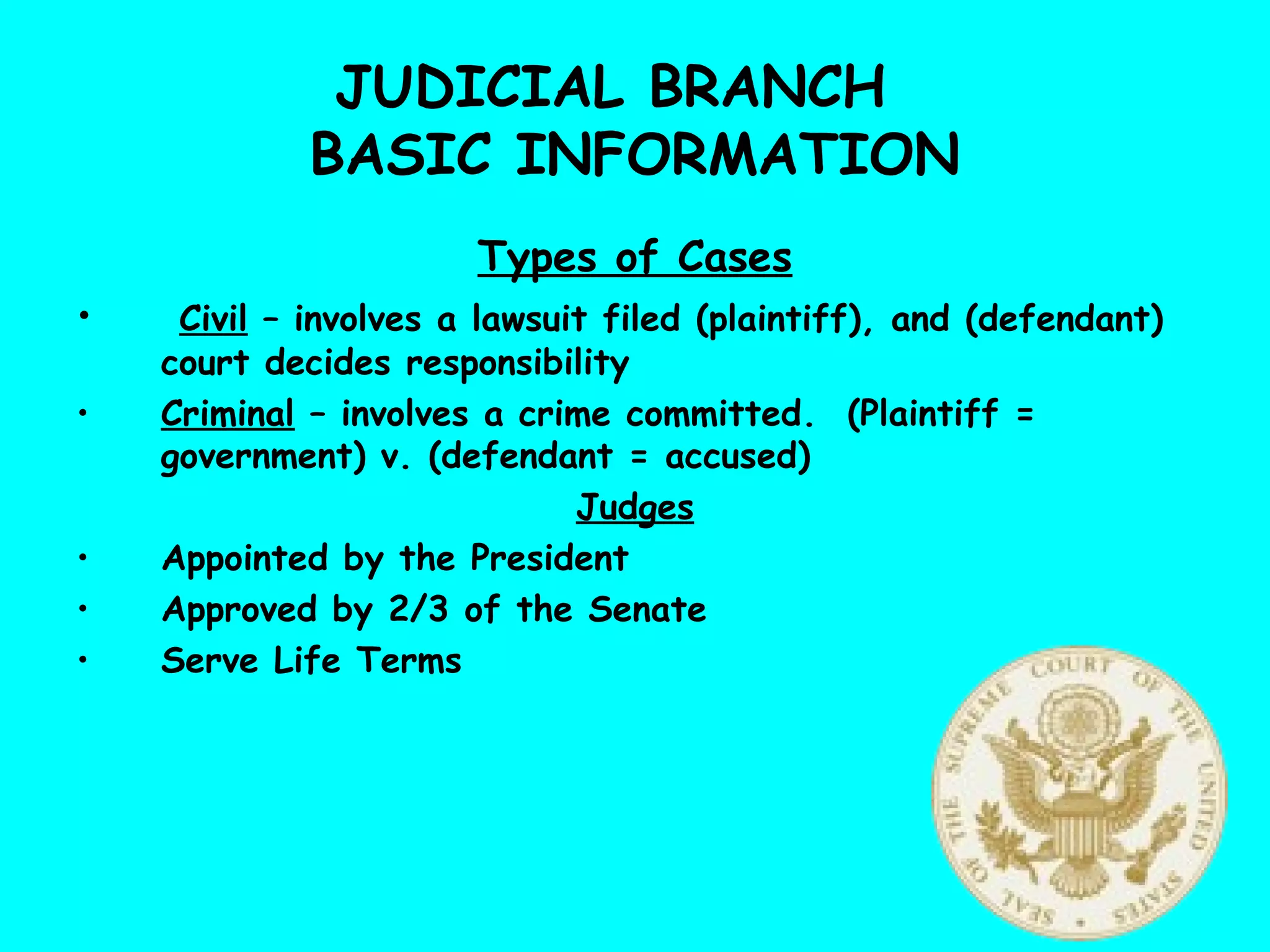 JUDICIAL BRANCH
BASIC INFORMATION
Types of Cases
• Civil – involves a lawsuit filed (plaintiff), and (defendant)
court decides responsibility
• Criminal – involves a crime committed. (Plaintiff =
government) v. (defendant = accused)
Judges
• Appointed by the President
• Approved by 2/3 of the Senate
• Serve Life Terms
 