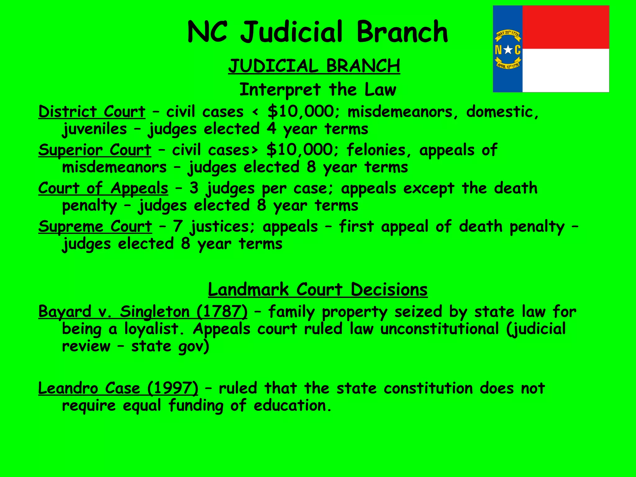 JUDICIAL BRANCH
Interpret the Law
District Court – civil cases < $10,000; misdemeanors, domestic,
juveniles – judges elected 4 year terms
Superior Court – civil cases> $10,000; felonies, appeals of
misdemeanors – judges elected 8 year terms
Court of Appeals – 3 judges per case; appeals except the death
penalty – judges elected 8 year terms
Supreme Court – 7 justices; appeals – first appeal of death penalty –
judges elected 8 year terms
Landmark Court Decisions
Bayard v. Singleton (1787) – family property seized by state law for
being a loyalist. Appeals court ruled law unconstitutional (judicial
review – state gov)
Leandro Case (1997) – ruled that the state constitution does not
require equal funding of education.
NC Judicial Branch
 