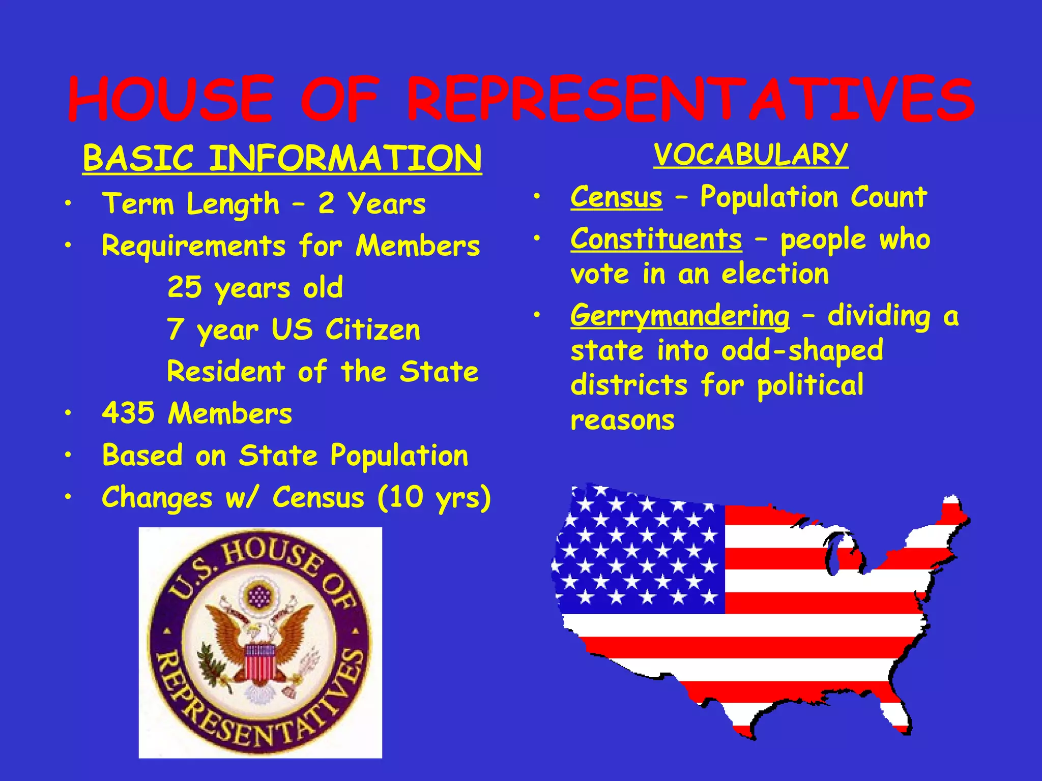 HOUSE OF REPRESENTATIVES
BASIC INFORMATION
• Term Length – 2 Years
• Requirements for Members
25 years old
7 year US Citizen
Resident of the State
• 435 Members
• Based on State Population
• Changes w/ Census (10 yrs)
VOCABULARY
• Census – Population Count
• Constituents – people who
vote in an election
• Gerrymandering – dividing a
state into odd-shaped
districts for political
reasons
 