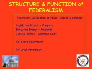 STRUCTURE & FUNCTION of
FEDERALISM
• Federalism, Separation of Power, Checks & Balances
• Legislative Branch - Congress
• Executive Branch – President
• Judicial Branch – Supreme Court
• NC State Government
• NC Local Government
 