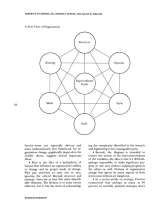 ROBERT H. WATERMAN,JR., THOMASJ. PETERS, AND JULIEN R. PHILLIPS
A New View of Organization
Structure
Strategy Systems
Superordinate
Goals
18
Skills Style
factors--some not especially obvious and
some underanalyzed. Our framework for or-
ganization change, graphically depicted in the
exhibit above, suggests several important
ideas:
• First is the idea of a multiplicity of
factors that influence an organization's ability
to change and its proper mode of change.
Why pay attention to only one or two,
ignoring the others? Beyond structure and
strategy, there are at least five other identifi-
able elements. The division is to some extent
arbitrary, but it has the merit of acknowledg-
ing the complexity identified in the research
and segmenting it into manageable parts.
• Second, the diagram is intended to
convey the notion of the interconnectedness
of the variables--the idea is that it's difficult,
perhaps impossible, to make significant pro-
gress in one area without making progress in
the others as well. Notions of organization
change that ignore its many aspects or their
interconnectedness are dangerous.
• In a recent article on strategy, Fortune
commented that perhaps as many as 90
percent of carefully planned strategies don't
BUSINESS HORIZONS
 