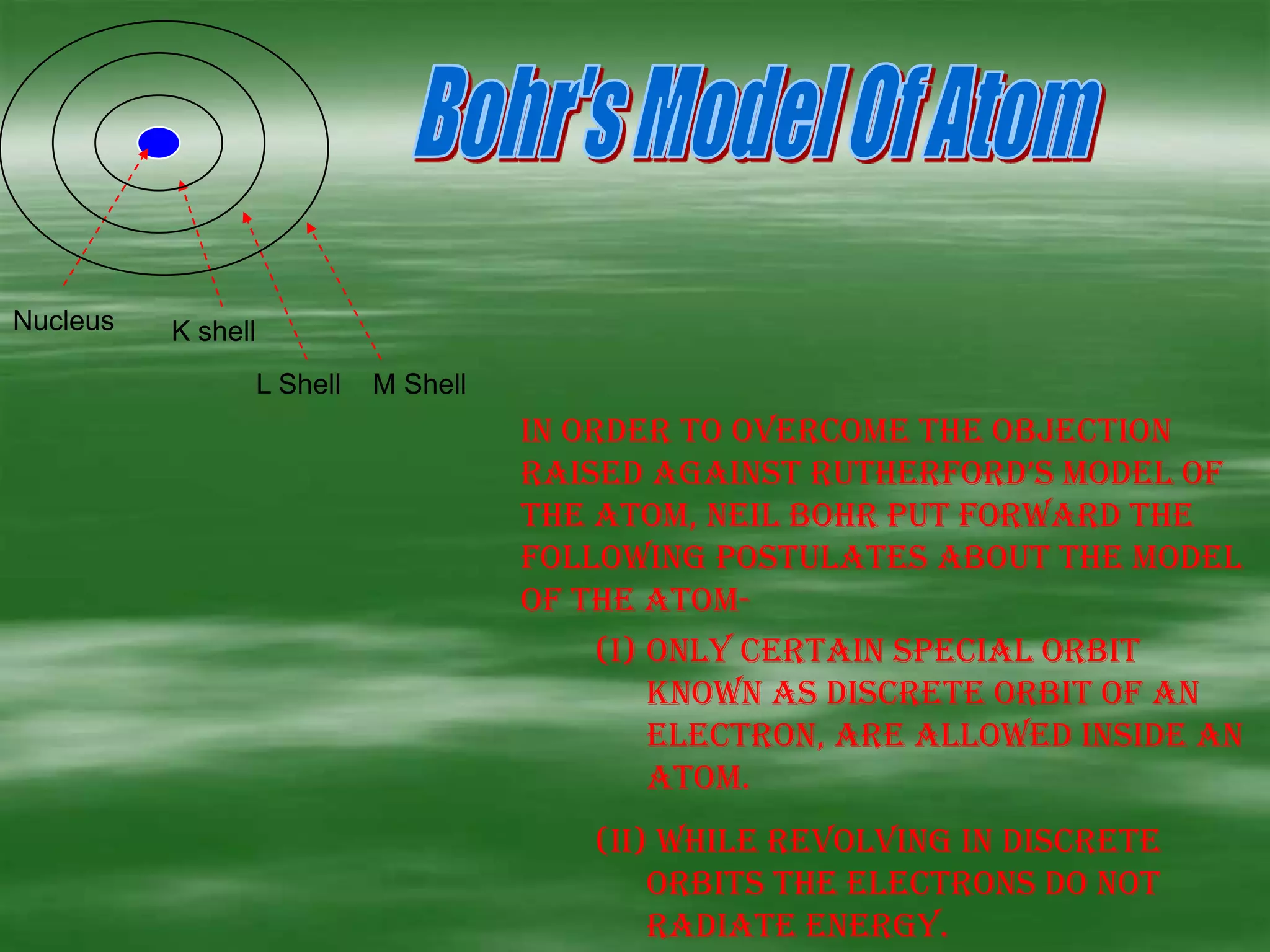 Bohr's Model Of AtomNucleusK shellL ShellM ShellIn order to overcome the objection raised against Rutherford’s model of  the atom, Neil Bohr put forward the following postulates about the model of the atom-  Only certain special orbit known as discrete orbit of an electron, are allowed inside an atom.(ii) While revolving in discrete orbits the electrons do not radiate energy.