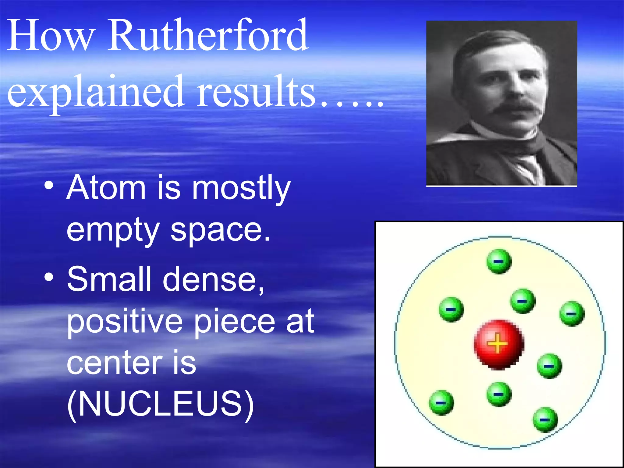 Atom is mostly empty space. Small dense, positive piece at center is (NUCLEUS) How Rutherford explained results….. 