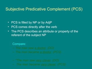 Subjective Predicative Complement (PCS)
• PCS is filled by NP or by AdjP
• PCS comes directly after the verb
• The PCS describes an attribute or property of the
referent of the subject NP
Compare:
– The man saw a doctor. (DO)
– The man became a doctor. (PCS)
– *The man saw very clever. (DO)
– The man became very clever. (PCS)
 