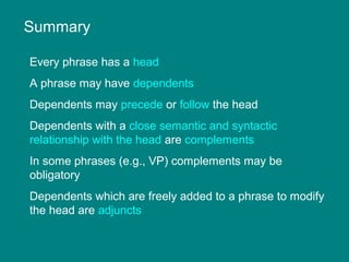 Summary
Every phrase has a head
A phrase may have dependents
Dependents may precede or follow the head
Dependents with a close semantic and syntactic
relationship with the head are complements
In some phrases (e.g., VP) complements may be
obligatory
Dependents which are freely added to a phrase to modify
the head are adjuncts
 