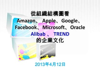 2013年4月12日
從組織結構圖看
Amazon、 Apple、Google、
Facebook、Microsoft、Oracle
Alibab 、 TREND
的企業文化
 