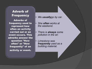 Adverb of
Frequency
Adverbs of
frequency used to
represent how
often an activity
carried out or an
event occurs. This
adverbs answer the
question "How
often" or "How
frequently" of an

activity or event.

• We usuallygo by car.
• She often works at
the weekend.
• There is always some
pollution in the air.
• Limestone was
frequently used as a
building material.

 