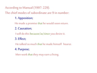 According toManual(1997: 229).
The chief modes of subordinate are 9 in number:
1. Apposition;
He made a promise that he would soon return.
2. Causation;
I willdo thisbecause/as/since you desire it.
3. Effect;
He talkedso much that he made himself hoarse.
4. Purpose;
Menwork thatthey may earn aliving.
 