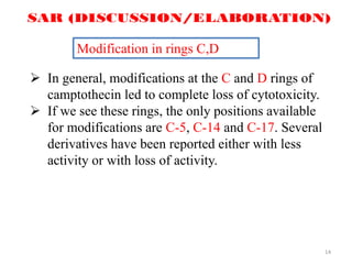 14
Modification in rings C,D
 In general, modifications at the C and D rings of
camptothecin led to complete loss of cytotoxicity.
 If we see these rings, the only positions available
for modifications are C-5, C-14 and C-17. Several
derivatives have been reported either with less
activity or with loss of activity.
 