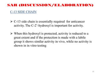 20
C-13 SIDE CHAIN
 C-13 side chain is essentially required for anticancer
activity. The C-2’-hydroxyl is important for activity.
 When this hydroxyl is protected, activity is reduced to a
great extent and if the protection is made with a labile
group it shows similar activity in vivo, while no activity is
shown in in vitro testing
 