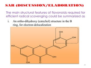 23
The main structural features of flavonoids required for
efficient radical scavenging could be summarized as
i. An ortho-dihydroxy (catechol) structure in the B
ring, for electron delocalization
 