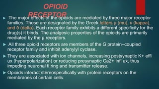 OPIOID
RECEPTOR The major effects of the opioids are mediated by three major receptor
families. These are designated by the Greek letters µ (mu), κ (kappa),
and δ (delta). Each receptor family exhibits a different specificity for the
drug(s) it binds. The analgesic properties of the opioids are primarily
mediated by the µ receptors.
 All three opioid receptors are members of the G protein–coupled
receptor family and inhibit adenylyl cyclase.
 They are associated with ion channels, increasing postsynaptic K+ effl
ux (hyperpolarization) or reducing presynaptic Ca2+ infl ux, thus
impeding neuronal fi ring and transmitter release.
 Opioids interact stereospecifically with protein receptors on the
membranes of certain cells.
 
