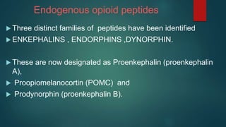 Endogenous opioid peptides
 Three distinct families of peptides have been identified
 ENKEPHALINS , ENDORPHINS ,DYNORPHIN.
 These are now designated as Proenkephalin (proenkephalin
A),
 Proopiomelanocortin (POMC) and
 Prodynorphin (proenkephalin B).
 