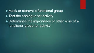 Mask or remove a functional group
Test the analogue for activity
Determines the importance or other wise of a
functional group for activity
 