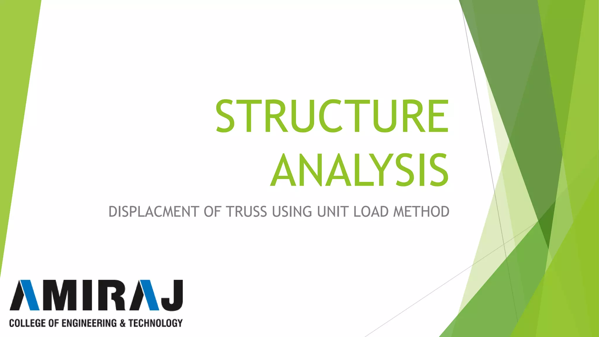 STRUCTURE
ANALYSIS
DISPLACMENT OF TRUSS USING UNIT LOAD METHOD