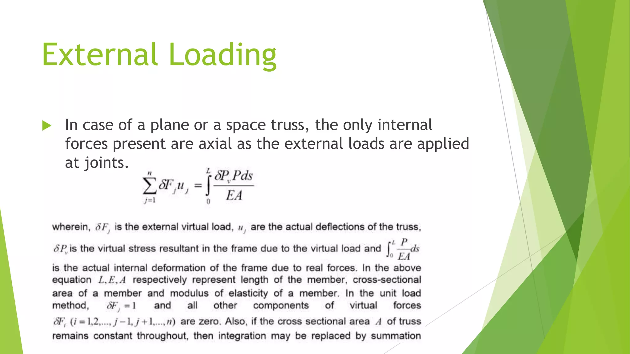 External Loading
In case of a plane or a space truss, the only internal
forces present are axial as the external loads are applied
at joints.