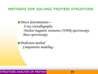 Pacific Networks Pacific NetworksSTRUCTURE ANALYSIS OF PROTEIN 11
METHODS FOR SOLVING PROTEIN STRUCTURE
Direct determination –
X-ray crystallography
Nuclear magnetic resonance (NMR) spectroscopy
Mass spectroscopy
Prediction method
Comparative modeling -
 