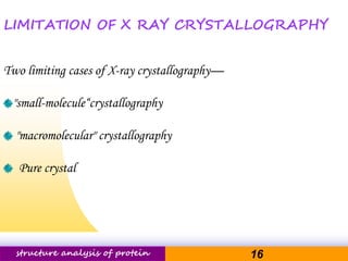 Pacific Networks Pacific Networksstructure analysis of protein 16
Two limiting cases of X-ray crystallography—
"small-molecule“crystallography
"macromolecular" crystallography
Pure crystal
LIMITATION OF X RAY CRYSTALLOGRAPHY
 
