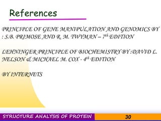 Pacific Networks Pacific Networks
STRUCTURE ANALYSIS OF PROTEIN 30
References
PRINCIPLE OF GENE MANIPULATION AND GENOMICS BY
: S.B. PRIMOSE AND R. M. TWYMAN – 7th EDITION
LEHNINGER PRINCIPLE OF BIOCHEMISTRY BY :DAVID L.
NELSON & MICHAEL M. COX - 4th EDITION
BY INTERNETS
 