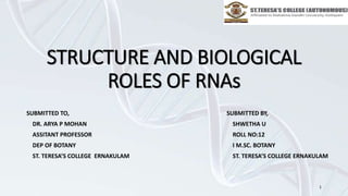 STRUCTURE AND BIOLOGICAL
ROLES OF RNAs
SUBMITTED TO,
DR. ARYA P MOHAN
ASSITANT PROFESSOR
DEP OF BOTANY
ST. TERESA’S COLLEGE ERNAKULAM
SUBMITTED BY,
SHWETHA U
ROLL NO:12
I M.SC. BOTANY
ST. TERESA’S COLLEGE ERNAKULAM
1
 