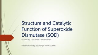 Structure and Catalytic
Function of Superoxide
Dismutase (SOD)
Guided By: Dr. Rakesh Kumar Pathak
Presentatinon By: Soumyajit Banik (20144)
 