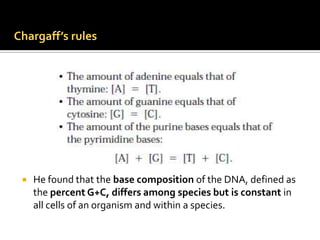 Chargaff’s rules




    He found that the base composition of the DNA, defined as
     the percent G+C, differs among species but is constant in
     all cells of an organism and within a species.
 