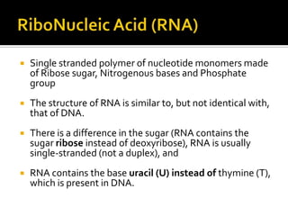    Single stranded polymer of nucleotide monomers made
    of Ribose sugar, Nitrogenous bases and Phosphate
    group
   The structure of RNA is similar to, but not identical with,
    that of DNA.
   There is a difference in the sugar (RNA contains the
    sugar ribose instead of deoxyribose), RNA is usually
    single-stranded (not a duplex), and
   RNA contains the base uracil (U) instead of thymine (T),
    which is present in DNA.
 