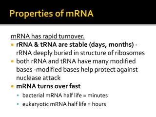 mRNA has rapid turnover.
 rRNA & tRNA are stable (days, months) -
  rRNA deeply buried in structure of ribosomes
 both rRNA and tRNA have many modified
  bases -modified bases help protect against
  nuclease attack
 mRNA turns over fast
  bacterial mRNA half life = minutes
  eukaryotic mRNA half life = hours
 