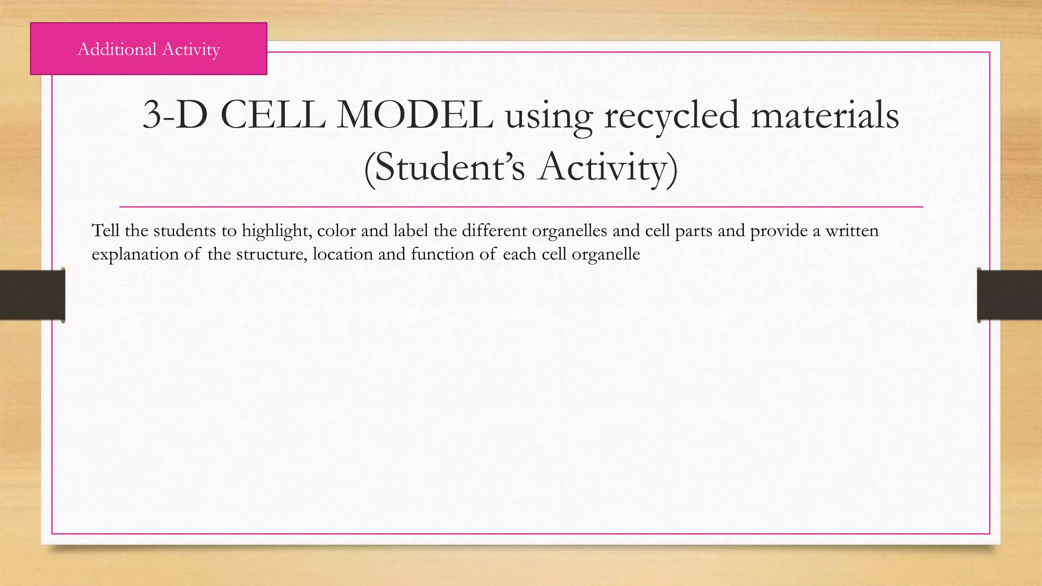 3-D CELL MODEL using recycled materials
(Student’s Activity)
Additional Activity
Tell the students to highlight, color and label the different organelles and cell parts and provide a written
explanation of the structure, location and function of each cell organelle
 