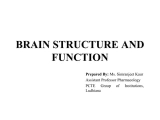 BRAIN STRUCTURE AND
FUNCTION
Prepared By: Ms. Simranjeet Kaur
Assistant Professor Pharmacology
PCTE Group of Institutions,
Ludhiana
 