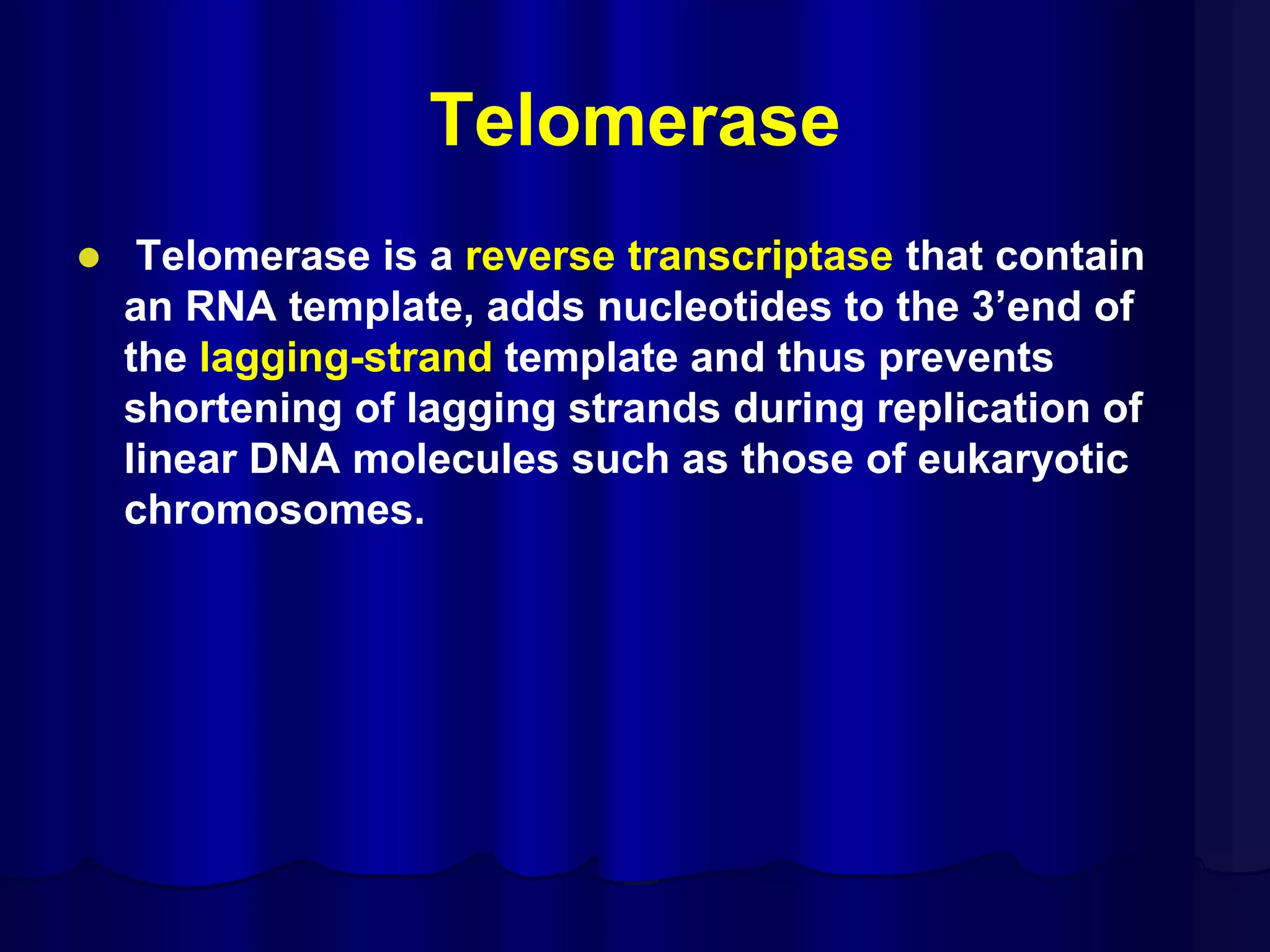 Telomerase
 Telomerase is a reverse transcriptase that contain
an RNA template, adds nucleotides to the 3’end of
the lagging-strand template and thus prevents
shortening of lagging strands during replication of
linear DNA molecules such as those of eukaryotic
chromosomes.
 