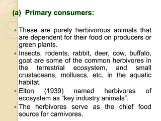  These are purely herbivorous animals that
are dependent for their food on producers or
green plants.
 Insects, rodents, rabbit, deer, cow, buffalo,
goat are some of the common herbivores in
the terrestrial ecosystem, and small
crustaceans, molluscs, etc. in the aquatic
habitat.
 Elton (1939) named herbivores of
ecosystem as “key industry animals”.
 The herbivores serve as the chief food
source for carnivores.
 