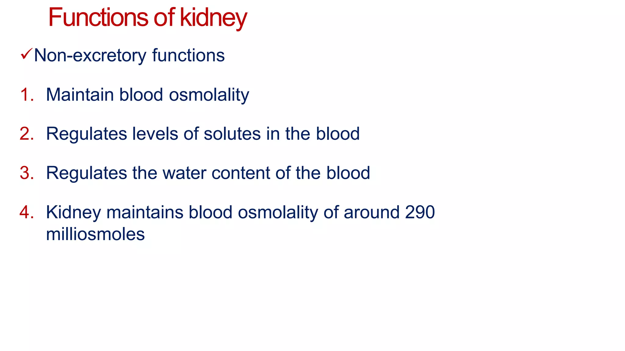 Functions of kidney
Non-excretory functions
1. Maintain blood osmolality
2. Regulates levels of solutes in the blood
3. Regulates the water content of the blood
4. Kidney maintains blood osmolality of around 290
milliosmoles
 