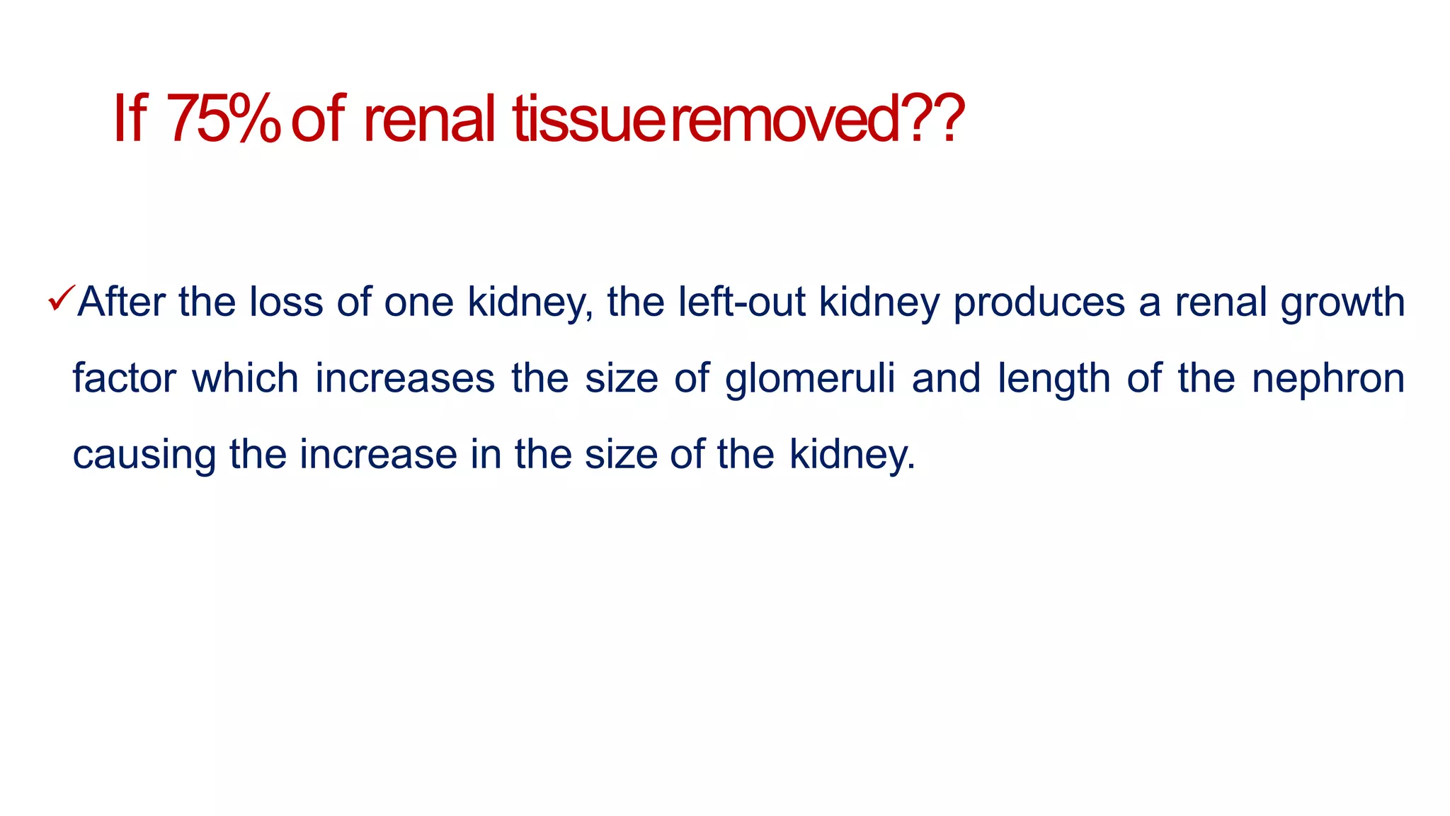 If 75%of renal tissueremoved??
After the loss of one kidney, the left-out kidney produces a renal growth
factor which increases the size of glomeruli and length of the nephron
causing the increase in the size of the kidney.
 