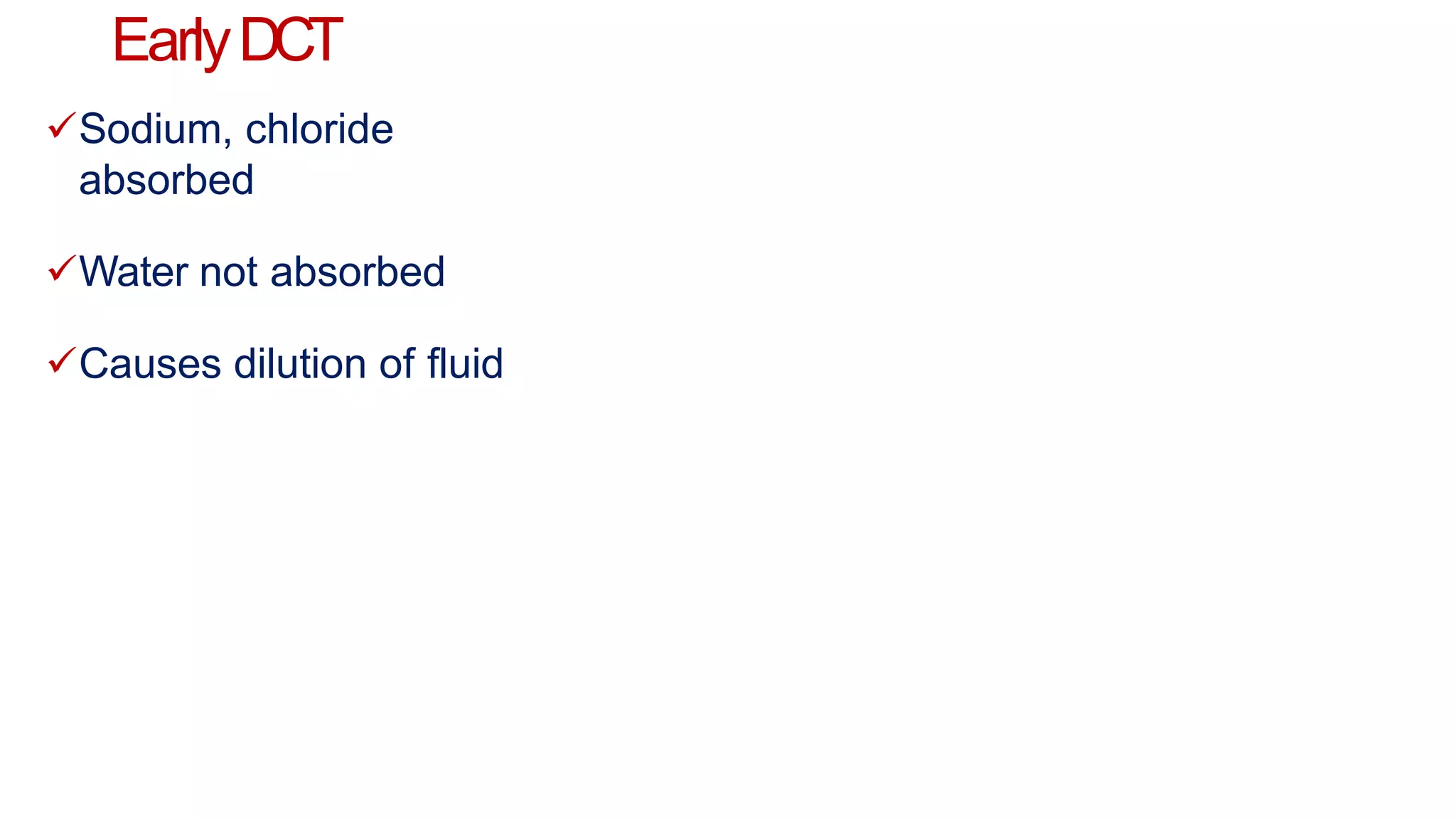 EarlyDCT
Sodium, chloride
absorbed
Water not absorbed
Causes dilution of fluid
 