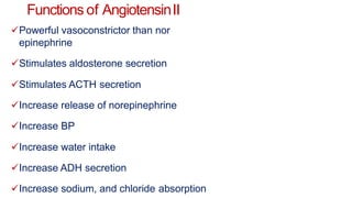 Functions of AngiotensinII
Powerful vasoconstrictor than nor
epinephrine
Stimulates aldosterone secretion
Stimulates ACTH secretion
Increase release of norepinephrine
Increase BP
Increase water intake
Increase ADH secretion
Increase sodium, and chloride absorption
 