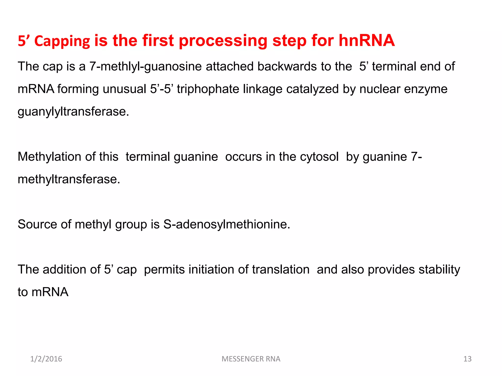1/2/2016 MESSENGER RNA 13
5’ Capping is the first processing step for hnRNA
The cap is a 7-methlyl-guanosine attached backwards to the 5’ terminal end of
mRNA forming unusual 5’-5’ triphophate linkage catalyzed by nuclear enzyme
guanylyltransferase.
Methylation of this terminal guanine occurs in the cytosol by guanine 7-
methyltransferase.
Source of methyl group is S-adenosylmethionine.
The addition of 5’ cap permits initiation of translation and also provides stability
to mRNA
 