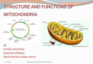 STRUCTURE AND FUNCTIONS OF
MITOCHONDRIA
By
Prof (Dr.) Ichha Purak
Department of Botany
Ranchi Women’s College, Ranchi
11/21/2020 Structure and function of Mitochondria 1
 